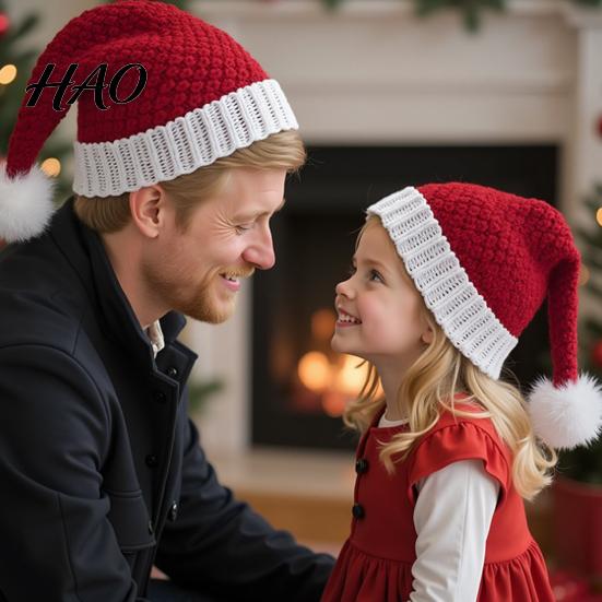 Soft Woolen Winter Caps for Outdoor Parties Santa Hat, Red Knitted Christmas Hat Kids Adults, Waxy Adults Xmas Party with White Pompom Holiday
