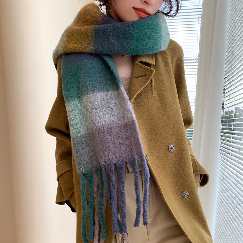 Winter New Scarf Women's Winter Thickened Warm Scarf Colored Plaid Fringed Scarf Shawl Fashionable Outer Cover