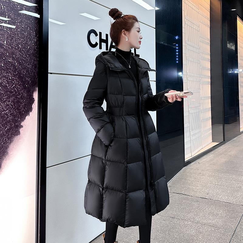 Black new 90 white duck down 2024 winter temperament thin down jacket women's medium and long thickened knee jacket