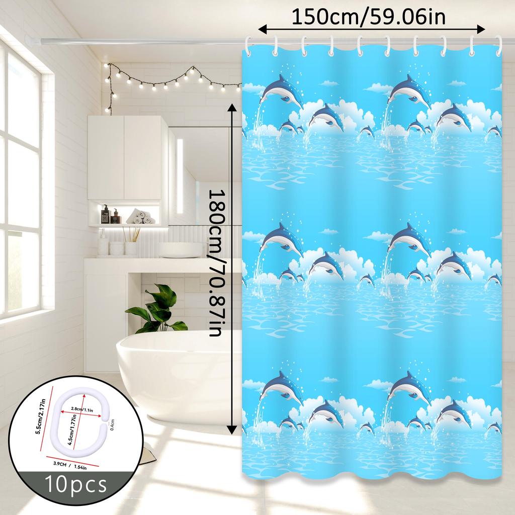 Dolphin Print Cartoon Shower Curtain, Ocean-Themed Bathroom Curtain, Cute Curtain for Parent-Child Room Bathroom
