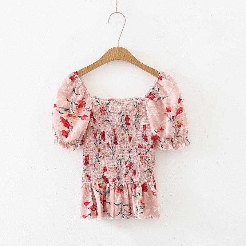 Women Floral Print Square Collar Blouses Summer Elegant Ladies Short Sleeve Chiffon Shirt Tops