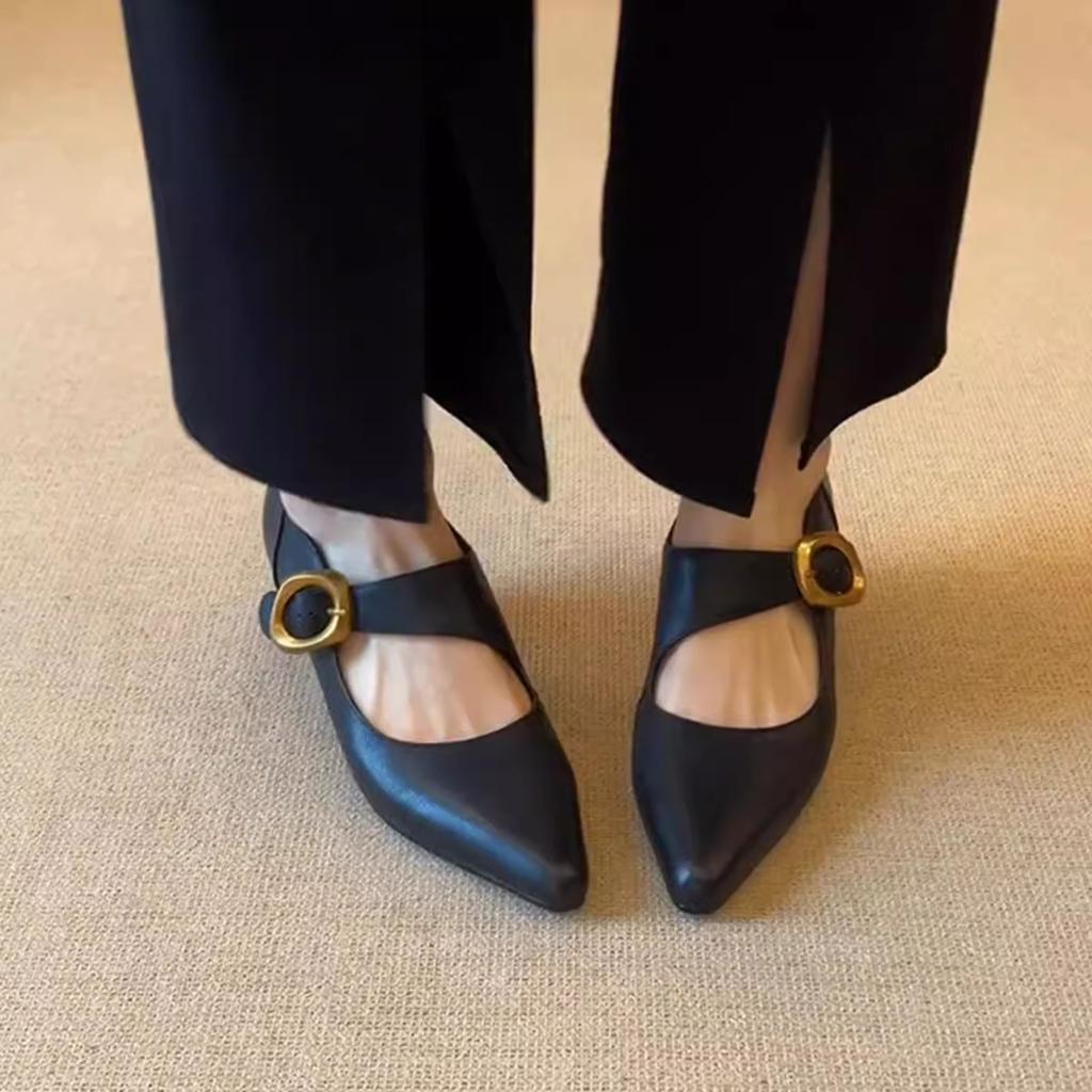 Sheepskin version~ French thick heel pointed single shoes women's shallow mouth versatile one-word buckle temperament retro Mary Jane high heels