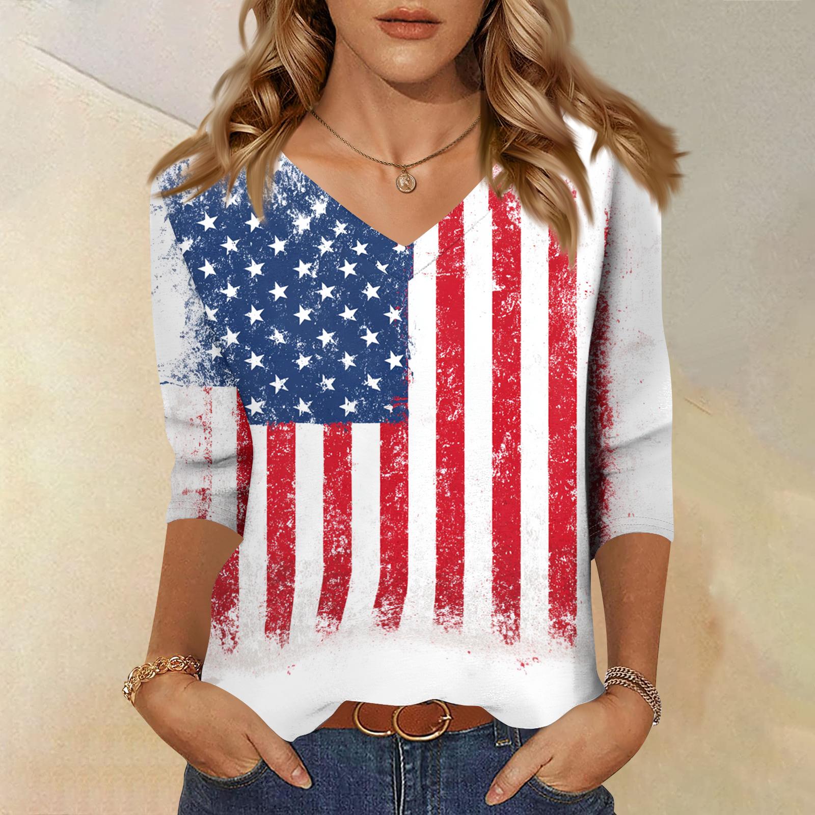 

Women s Fashionable Casual Independence Day American Flag and Stars Print V-Neck Three-Quarter Sleeve T-Shirt Top XL білий