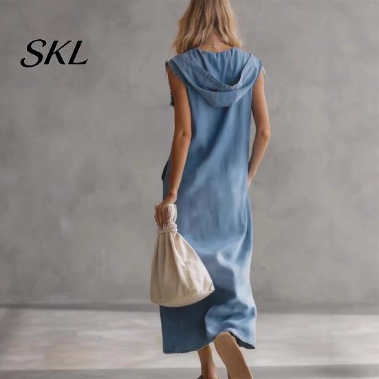 Everyday Wear Dress Women's Sleeveless Hoodies Maxi Dress, Button Up Side Slit Tank Beach Women with Pockets, Zip V Neck Hooded Summer Lightweight