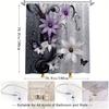 Fantasy Floral Shower Curtain - Lavender & White Flowers, Purple & Black Butterflies, Metallic Silver Background, Polyester,