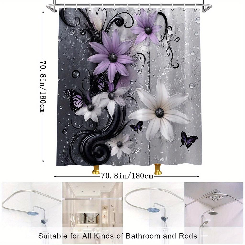 Fantasy Floral Shower Curtain - Lavender & White Flowers, Purple & Black Butterflies, Metallic Silver Background, Polyester,