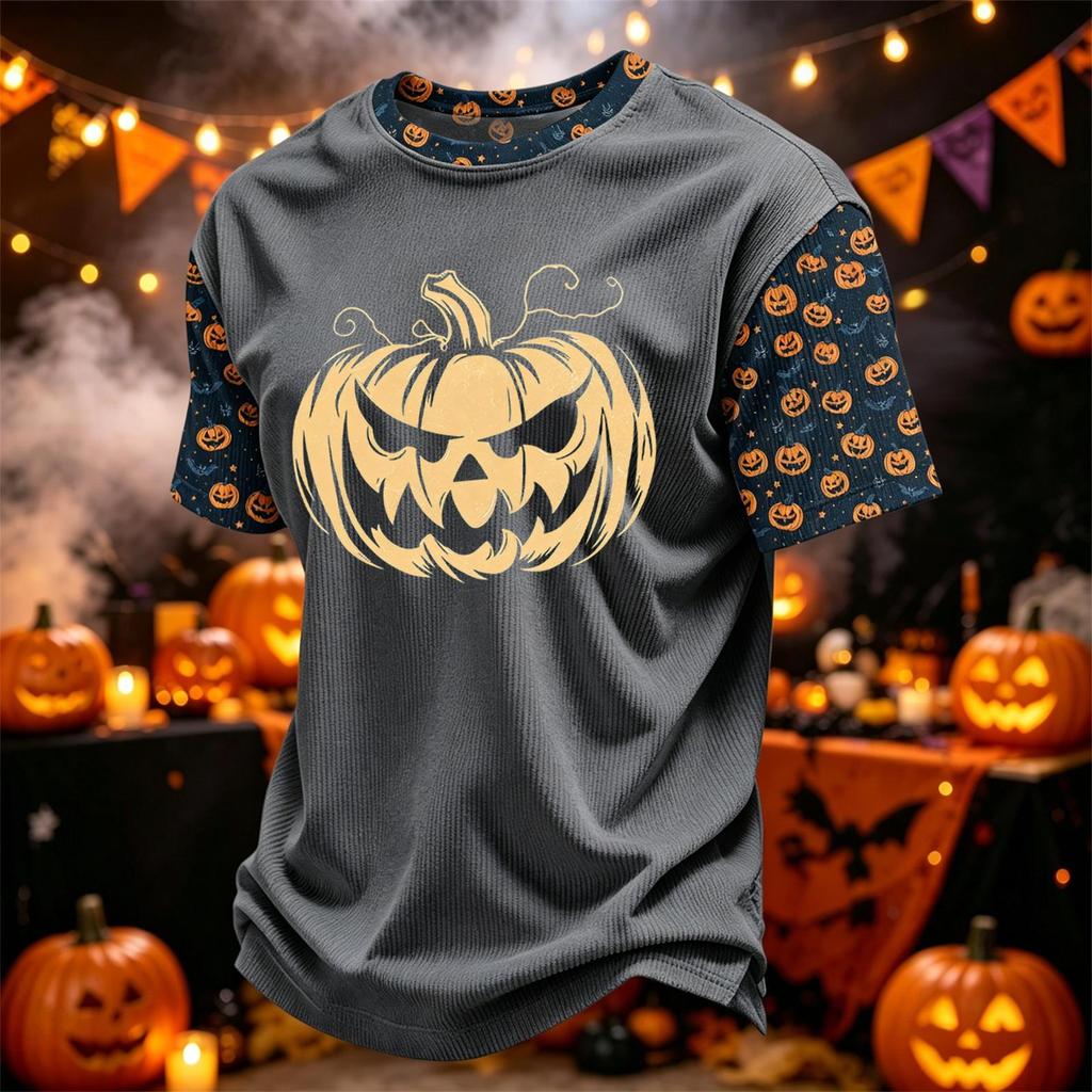 Herren Kord-Rundhals Leicht Atmungsaktiv Kurzarm Oberteil Halloween-Druck Kürbis Grafik Buchstaben oder Süßes Design Freizeithemd
