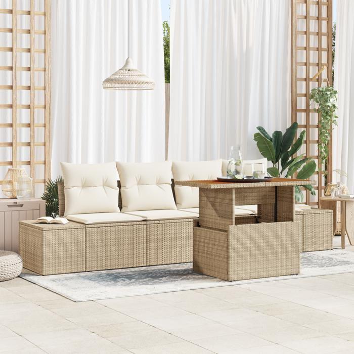 VidaXL Ensemble de salle à manger de jardin 5 pièces avec coussins en poly rattan beige et acacia 3349896