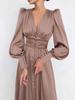 European and American Women's Clothing, Satin Dress, Lantern Sleeves, Waist and Thin European and American Temperament Slim Dress