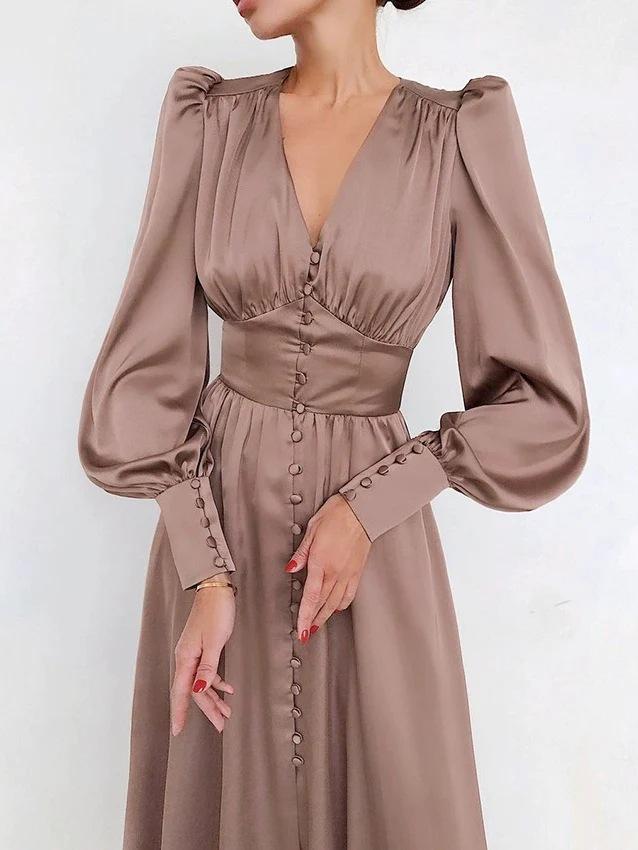 European and American Women's Clothing, Satin Dress, Lantern Sleeves, Waist and Thin European and American Temperament Slim Dress