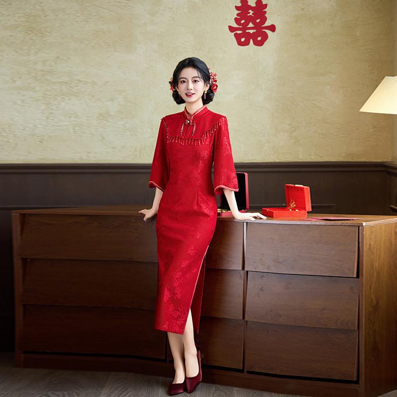 1011 New Chinese Red Long Sleeve Autumn Improved Cheongsam Women's Premium Bridal Toast Wedding Dress