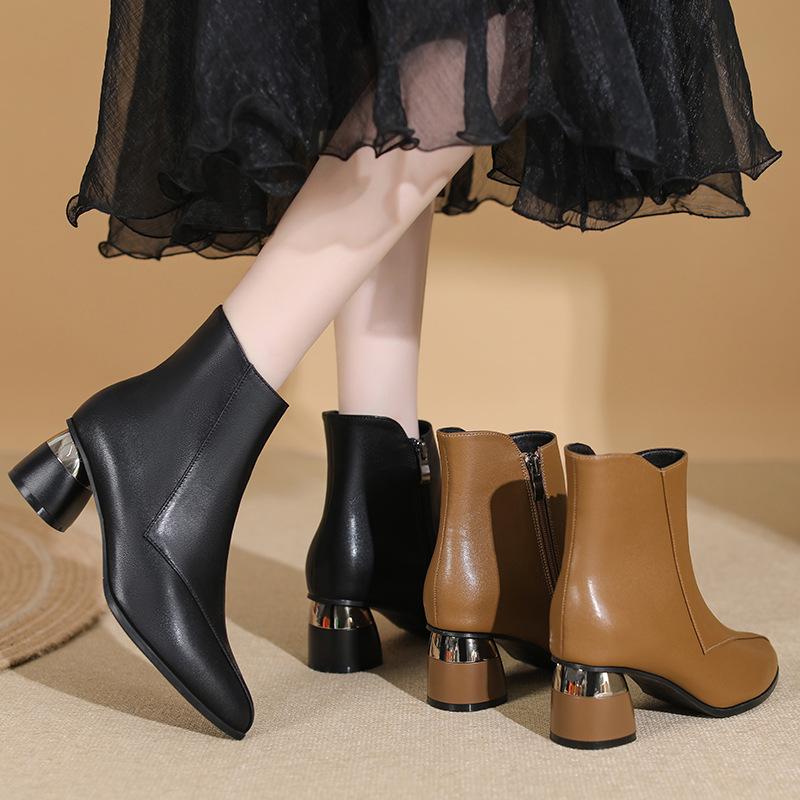 Huiliya French Small Short Boots Spring and Autumn and Ankle Boots New Thick Heel Single Shoes Spring Medium Heel High Heel Bare Boots S918-2