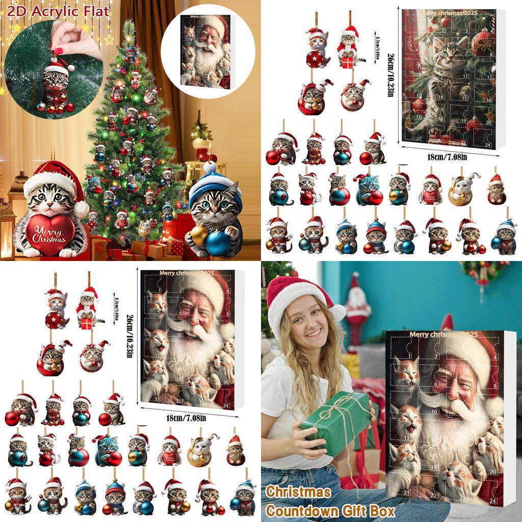 Christmas Cat Themed Acrylic Advent Calendar With Hanging Ornaments For Holiday Decor And Gift Giving