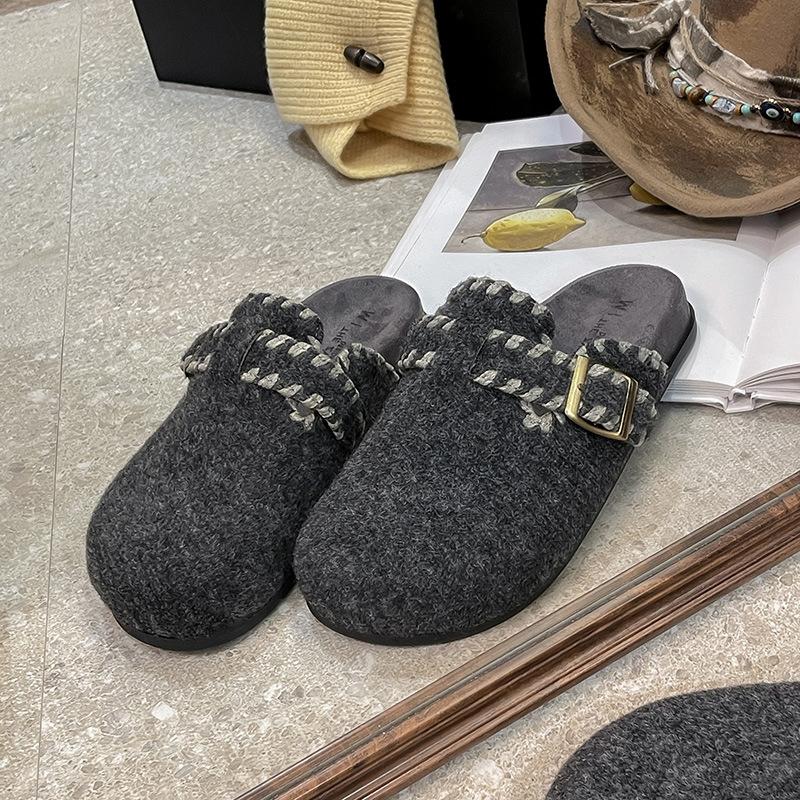 Cowhide Version~ Grey Fluffy Shoes for Women To Wear In Autumn and Winter, One Pedal, Platform Boken Shoes, Velvet Bag Head and Half Slippers.