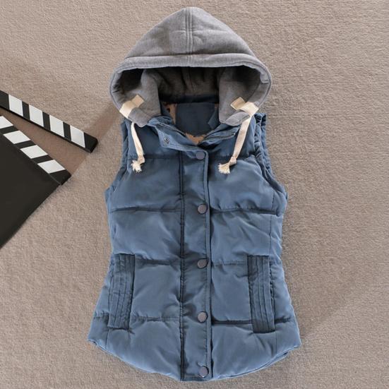 Women Autumn Winter Color Block Sleeveless Hooded Waistcoat Warm Thick Vest Coat