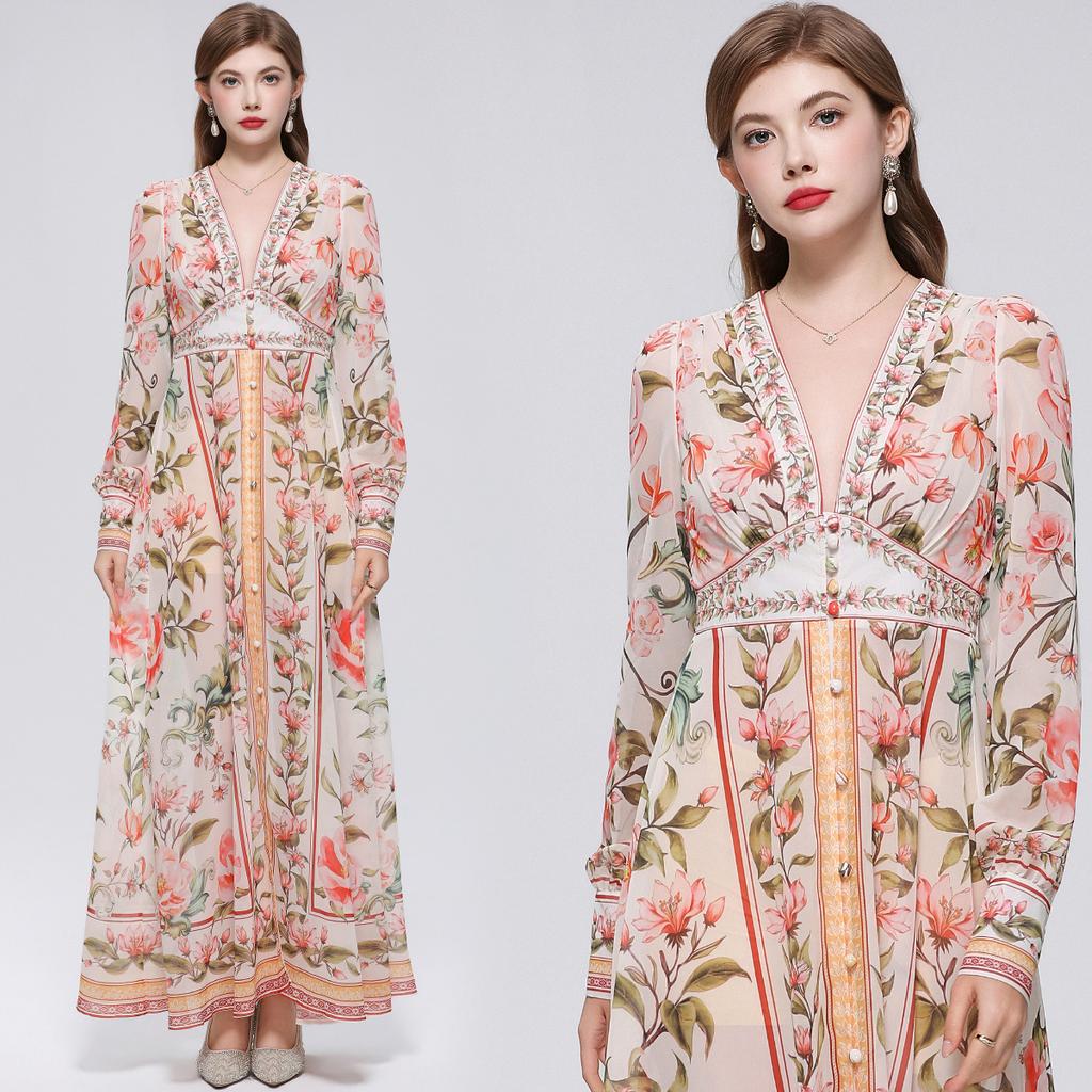 Summer Holiday Gorgeous Flower Beach Dress Women Deep V-Nek Long Sleeve Floral Print High Elastic Waist A-Line Maxi Dress