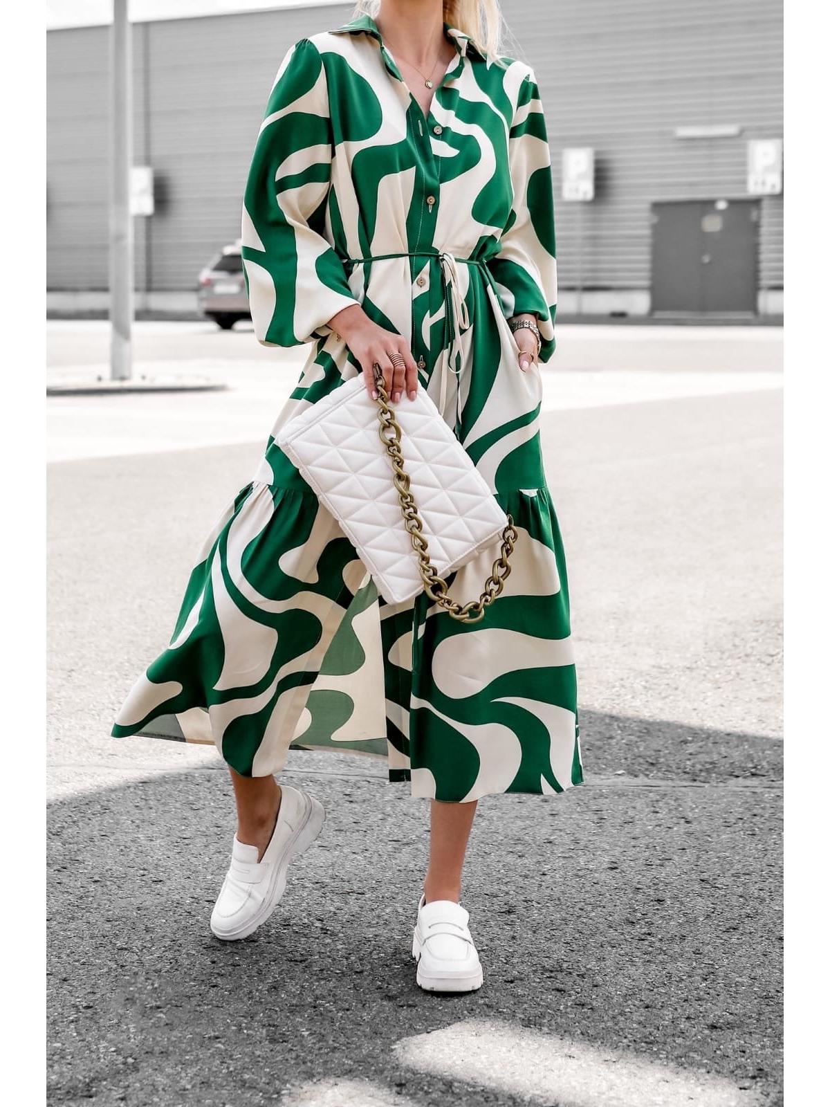 

2024 Евро-американский стиль Весна/Осень Принтованное Повседневное Платье-рубашка женское с завязками Extra Large зелёный