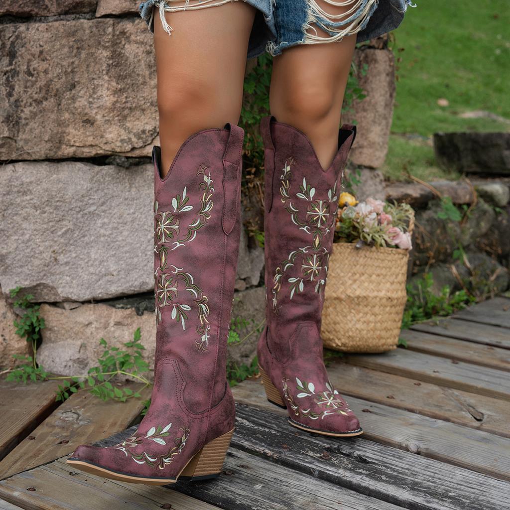 Women'S Knight Boots Large Size Coarse Heel Pointed Embroidered Western Cowboy Boots Fashion Women'S Boots