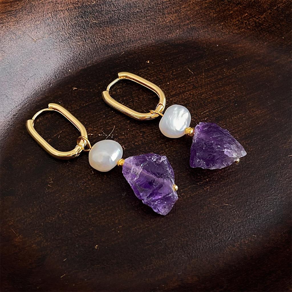 

Vintage Chinese Style Amethyst & Freshwater Pearl Ear Cuffs - Elegant Handmade Earrings for Women
