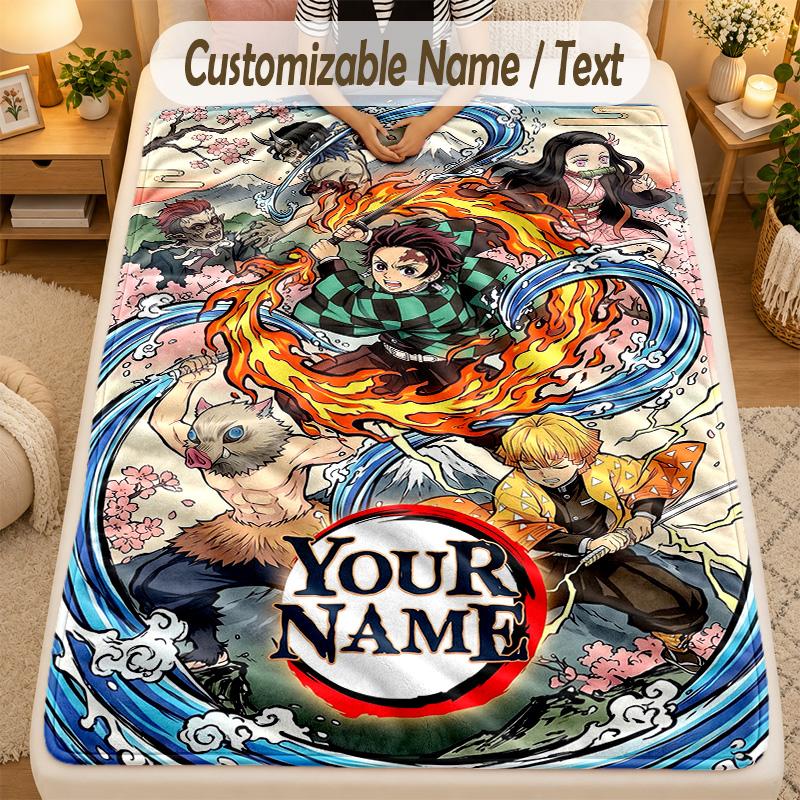 Flannel BlanketDemon Slayer Custom Name Text Personalized Soft Warm Throw Blanket Home Decor Gift