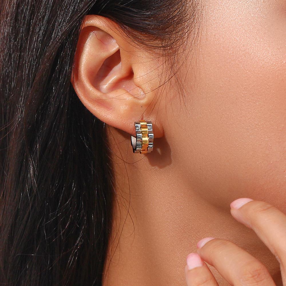 Punk Stainless Steel Strap Textured CC Earrings Cool Gold and Silver Mixed Color 18K Gold Plated Waterproof Earrings for Women