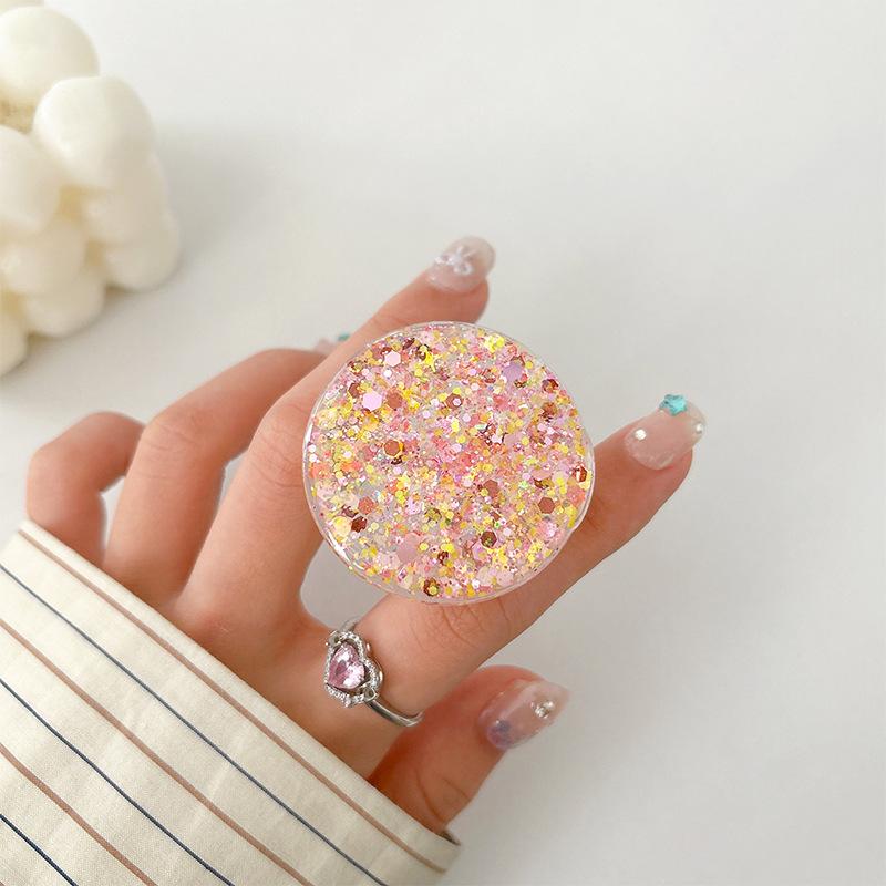 Mobile Phone Airbag Bracket Paste Type Retractable Round Sequin Glitter Small Fresh Desktop Bracket Watching Drama Women'S Models