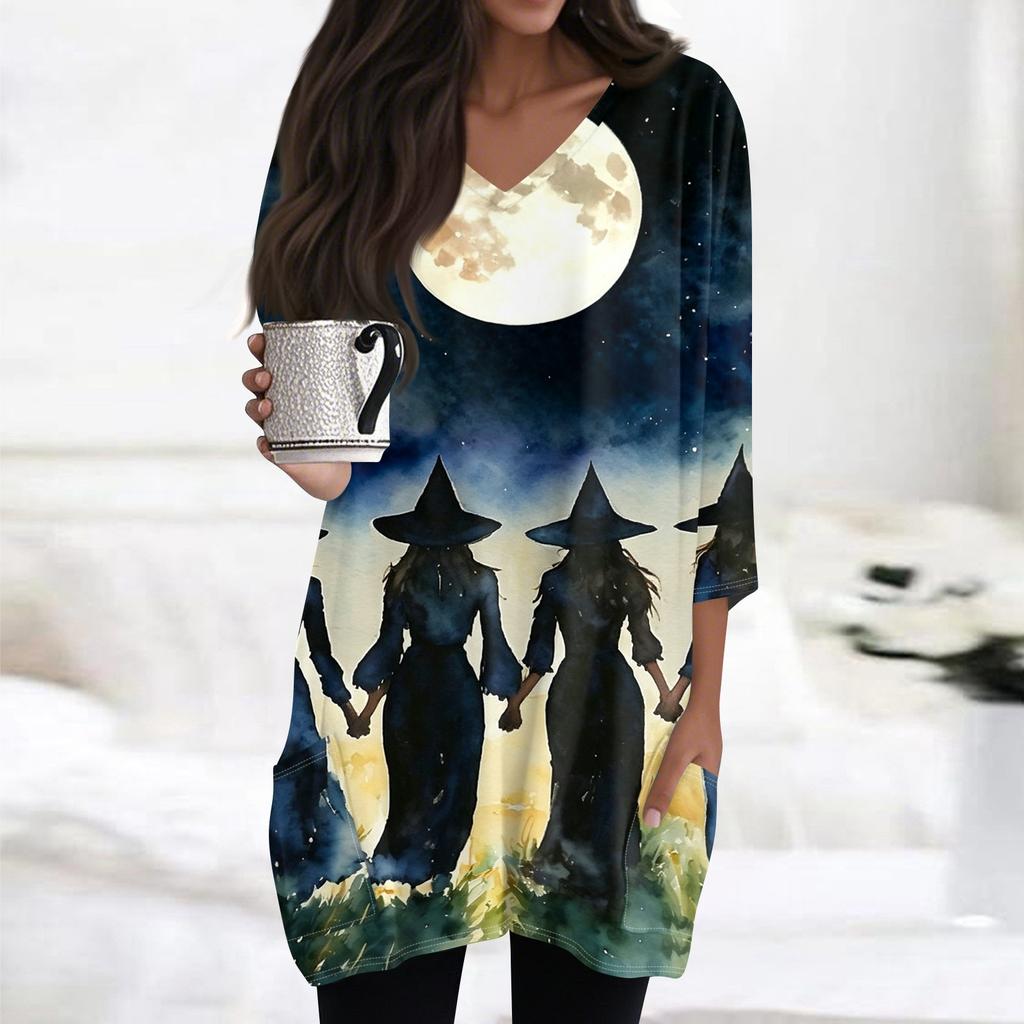 Women's Halloween Print V-Neck Tunic Top with Pockets 3/4 Sleeve for Casual Fall Wear