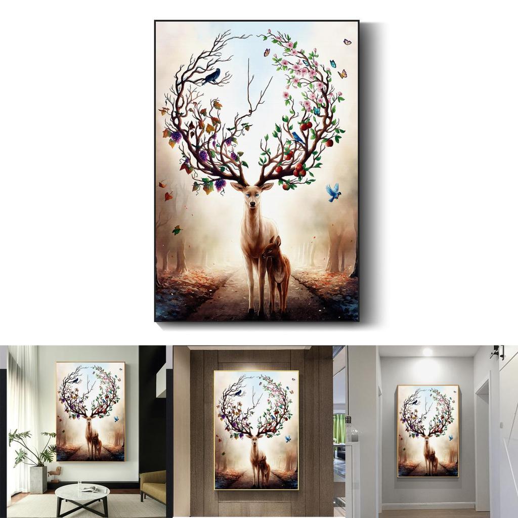 Modern Nordic Style Canvas Art With Deer And Tree Illustration For Living Room Decor