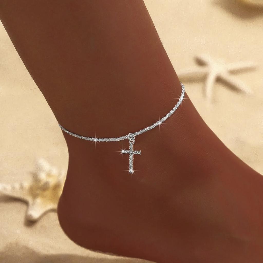 Sparkling Thin Chain Anklet Bracelet for Women Zircon Cross Pendant Bracelet On Leg Foot 2026 Trendy Boho Summer Beach Jewellry