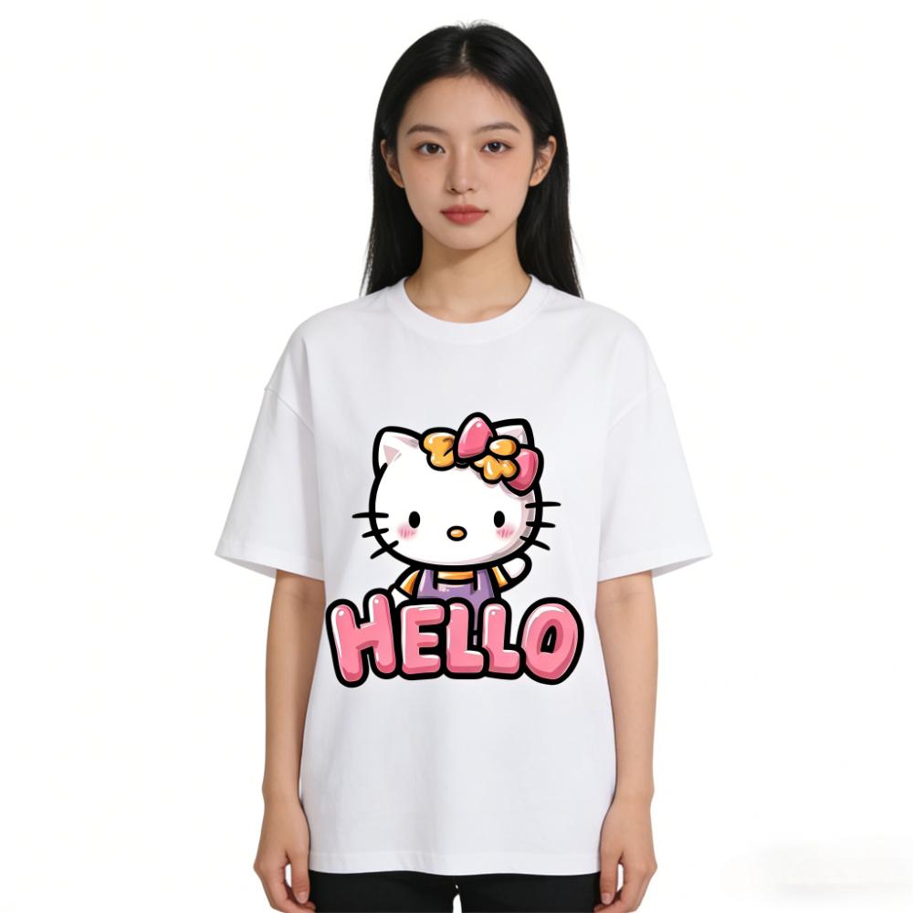 2026 Hello Kitty Cartoon Printed Short Sleeve Summer Cotton Tshirt Flower Womens Family Matching Outfits Tops Tee Highquality