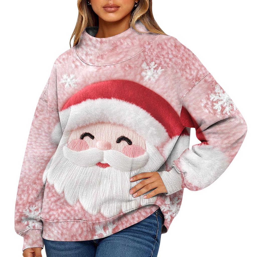 Ladies' Fashionable Christmas Printed Long Sleeved High Neck Sweatshirt Top
