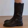 Retro fashion locomotive mid boots metal buckle design spring thick heel Martin boots fried street cool sa wind women's boots