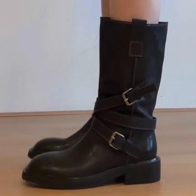 Retro fashion locomotive mid boots metal buckle design spring thick heel Martin boots fried street cool sa wind women's boots
