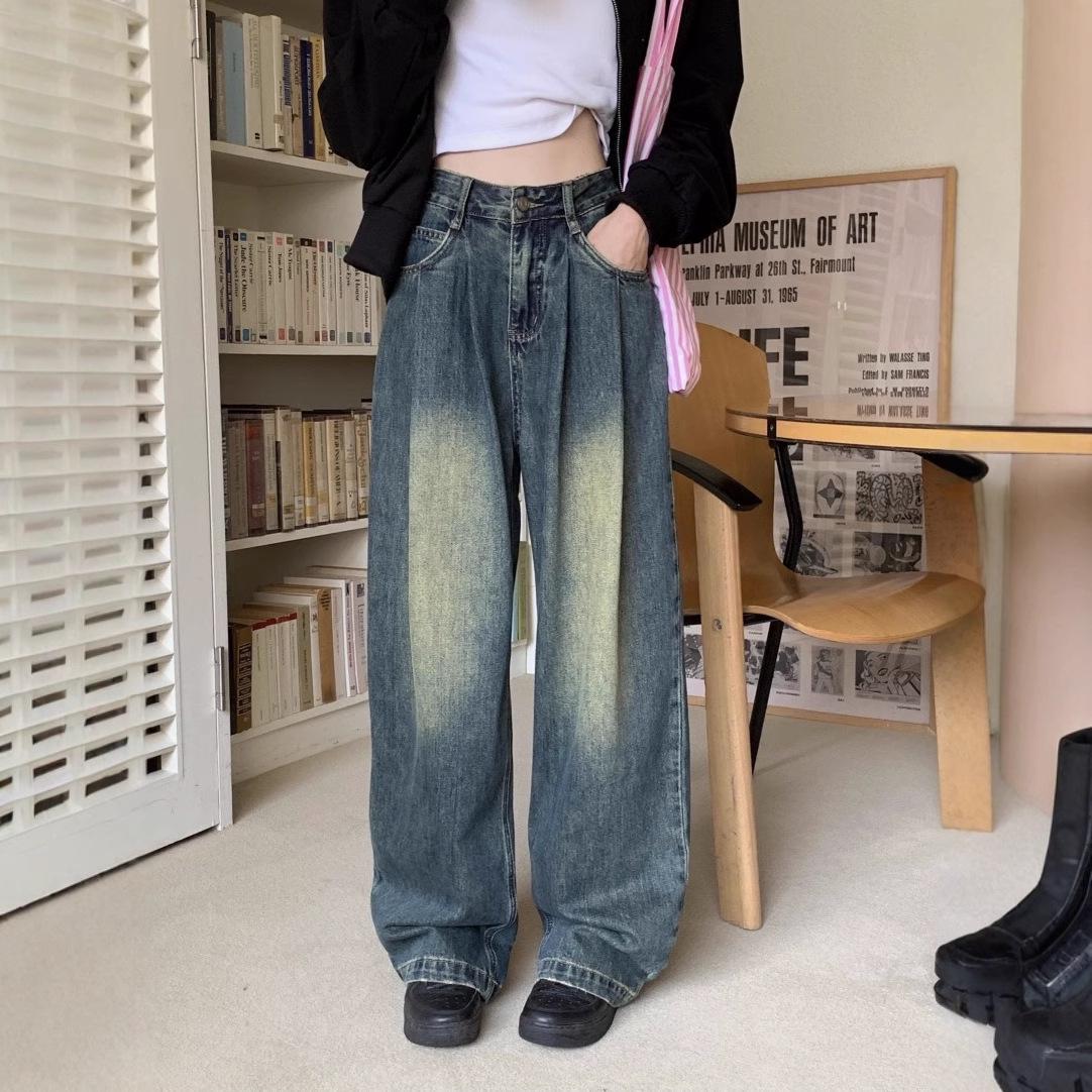 

2025 Korean Style High Waist Wide Leg Jeans - Women s Trendy Straight-Leg, Floor-Length, Slimming Fit M