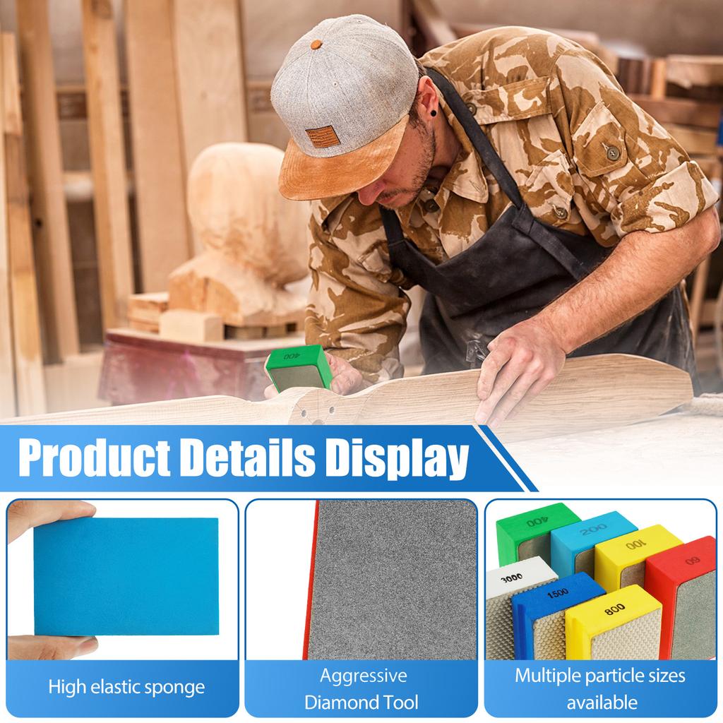 Diamond Hand Polishing Pads 60-3000 Grit Sanding Block Foam Backing for Tile Glass Stone Marble Granite Ceramics Metal Wet&Dry
