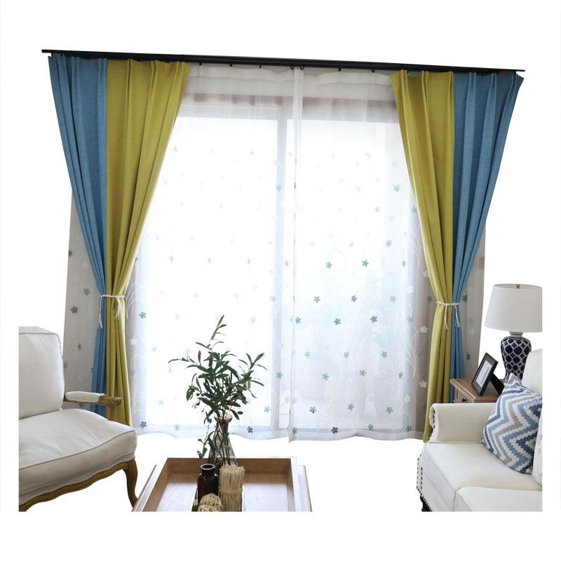Simple Solid Color Splicing Curtains, Multi-Color Full Shading Nano-Coated Hemp Curtains Finished Product Customization