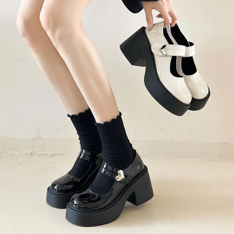 Französische schwarze Plateau-Pumps mit dickem Absatz Damen Herbst neue erhöhende Mary Jane Schuhe kurze Le High Heels