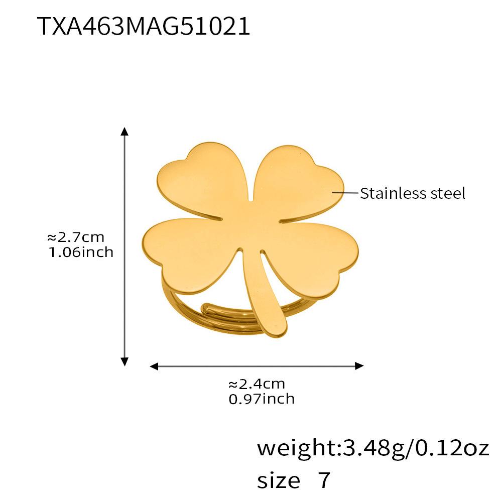 Oumeka 18k Gold-Plated Stainless Steel Jewelry Set: Heart & Four-Leaf Clover Earrings, Ring, and Necklace.