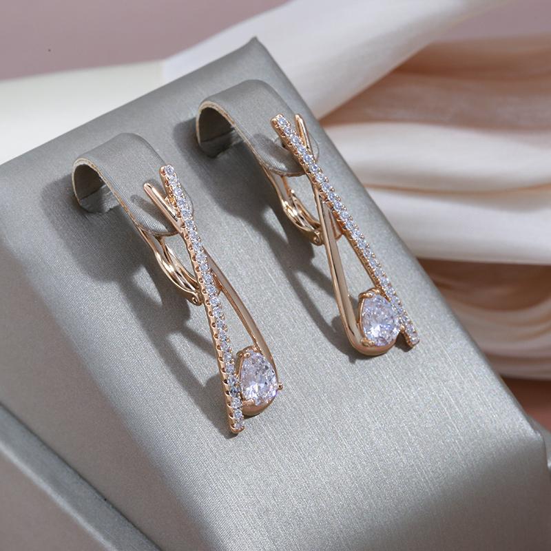Kinel Water Drop Zircon Long Dangle Earrings For Women Rose Gold Color Elegant Jewelry