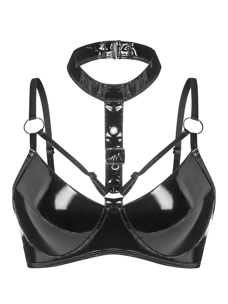 S-3XL Halter Lesklý Faux PU Kůže Bustier Top Punčocháče Bikini Crop Topy Krátký Croptop Sexy Klubové Oblečení Bez Rukávů S Knoflíky Camis