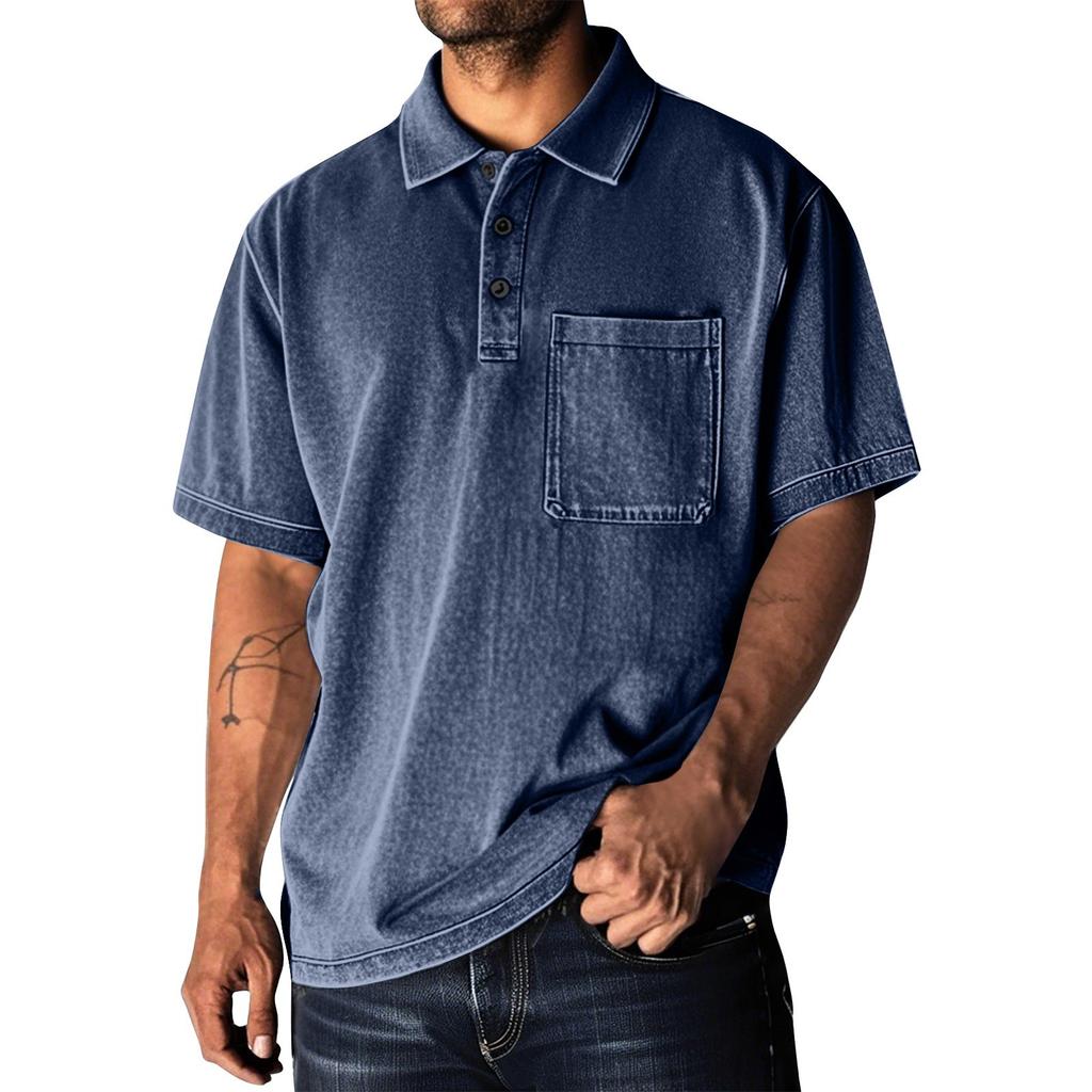 Men's Summer Solid Color Washed Button Collar Loose Short Sleeve Top