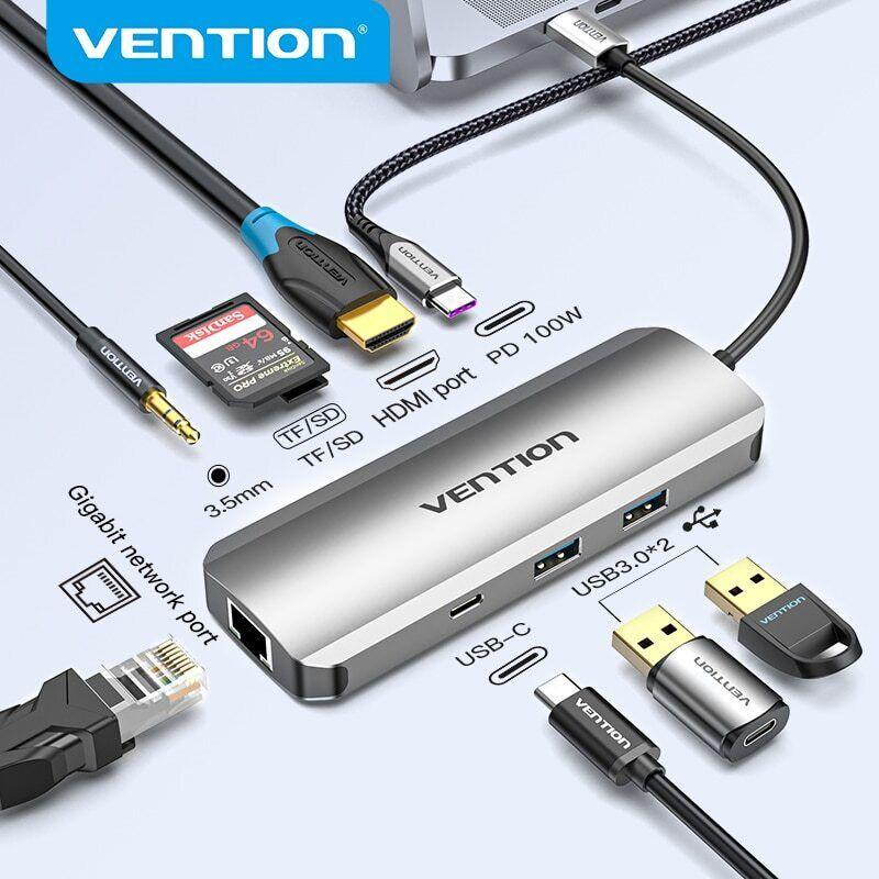 

USB C Hub USB C to HDMI 4K VGA PD RJ45 3.5mm USB 3.0 Dock Accessories