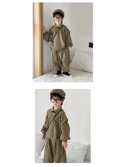 Boys' Retro Chinese Style Casual Set - Autumn 2025: Solid Color Long Sleeve Top & Pants with Frog Buttons
