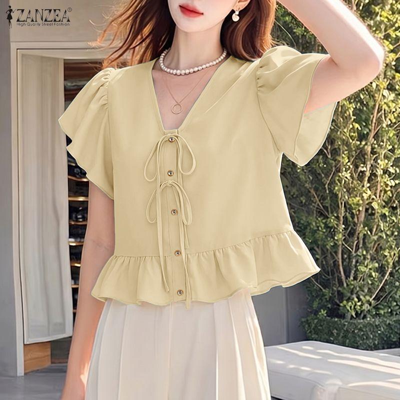 ZANZEA Women Casual V-Neck Solid Color Ruffles Short Sleeve Loose Blouse S хаки