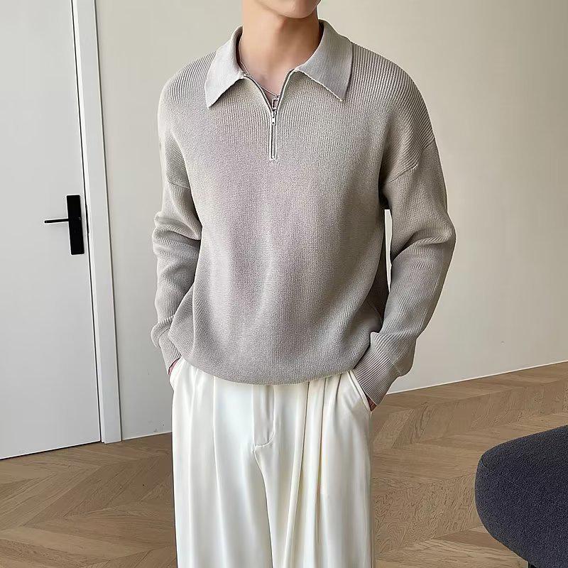 Męski dzianinowy sweter w japońskim stylu z półzamkiem i kołnierzykiem polo - jesienno-zimowy casualowy pulower.