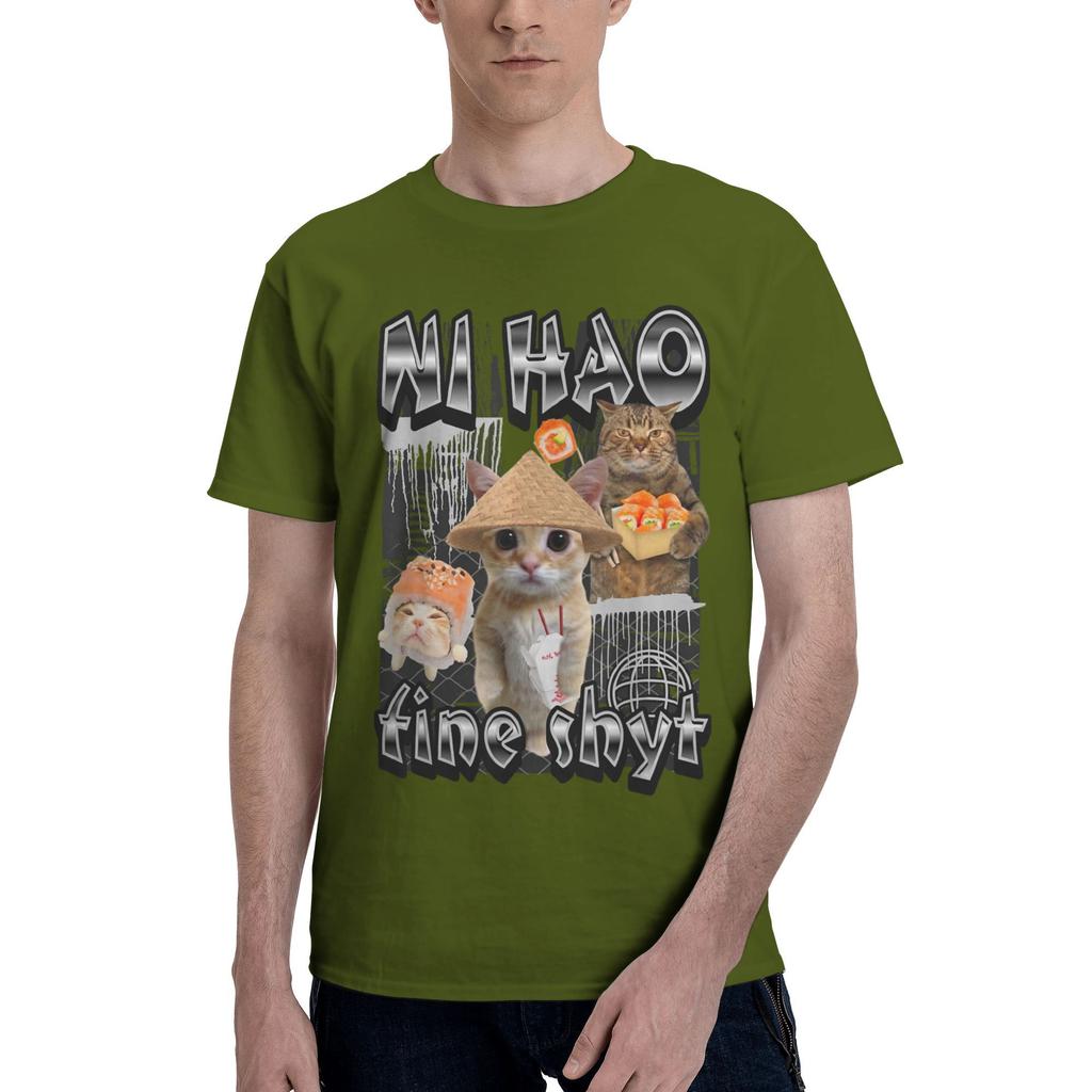 Ni Hao Fine Shyt Funny Brainrot Meme (2) Men's T Shirts  Vintage Tees Short Sleeve Crew Neck T-Shirt Pure Cotton Printed Tops