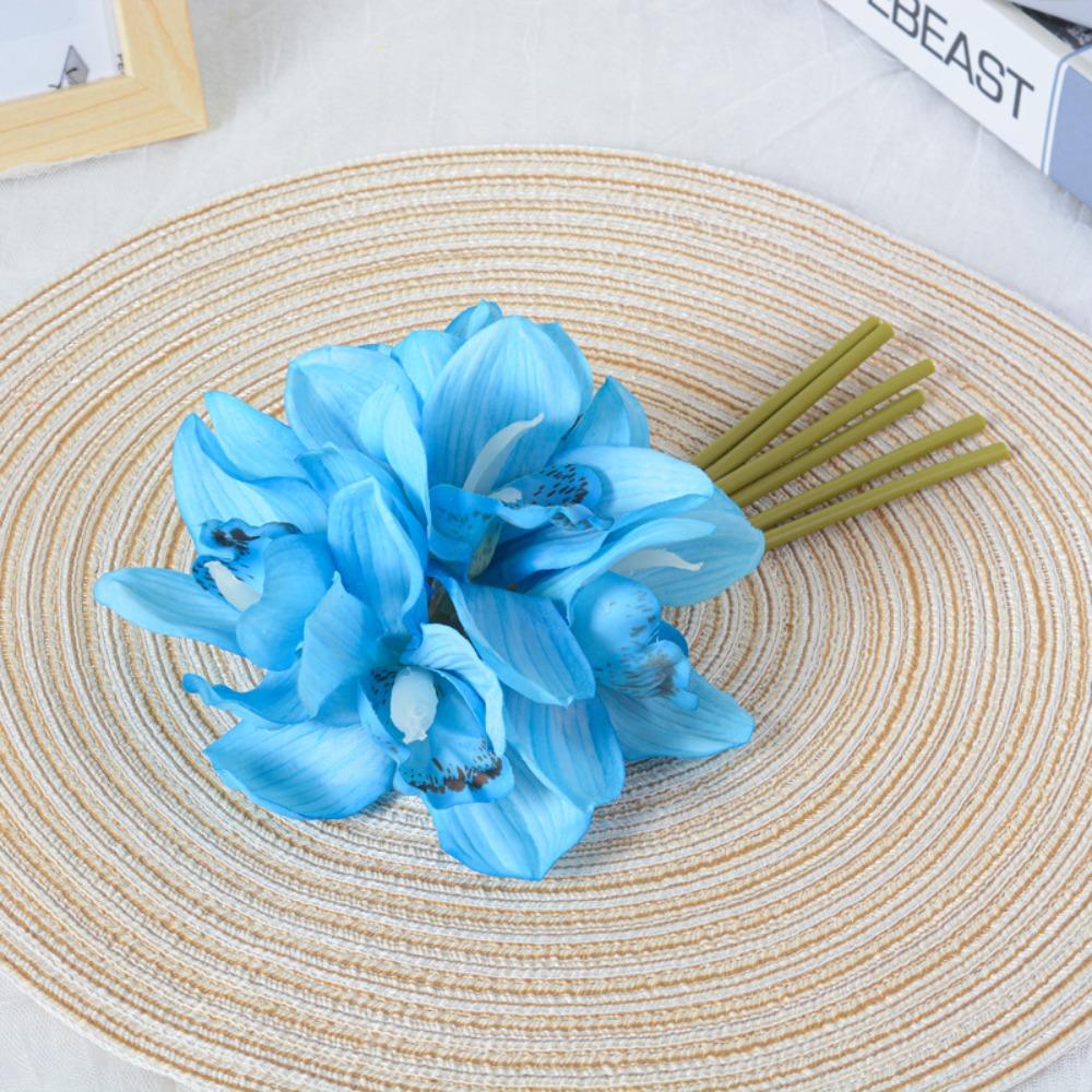 

6 головок искусственных цветов цимбидиума, ветка магнолии с эффектом реального прикосновения, декор для свадебной вечеринки синий