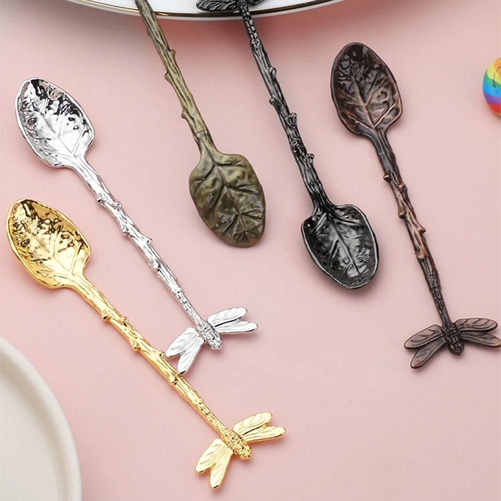 Stirring Spoon Twig Design Dragonfly Coffee Spoon Vintage Smooth Edges Dessert Spoon Zinc Alloy Teaspoon Cake