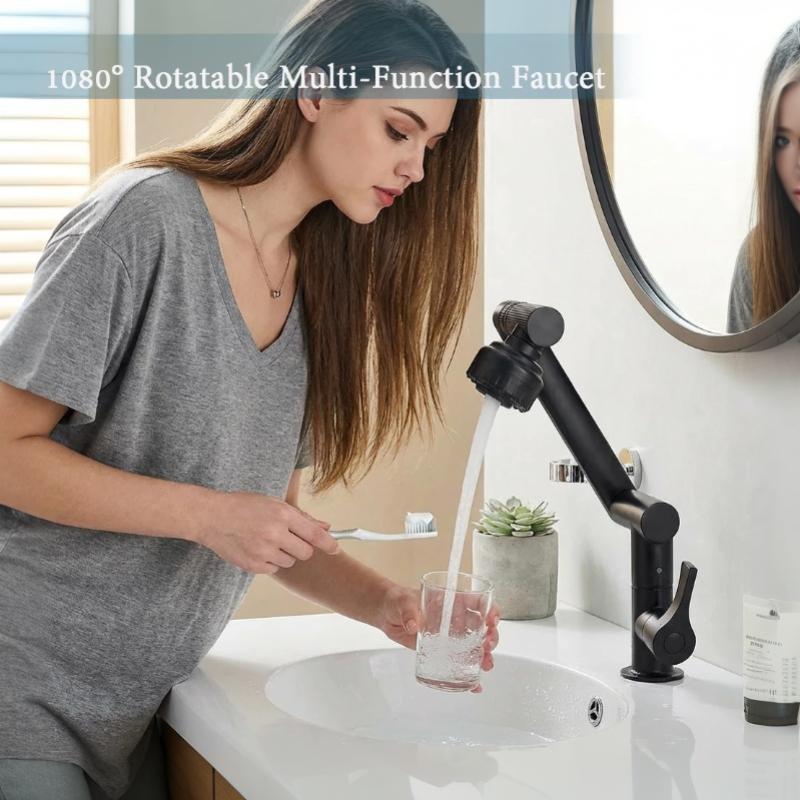 Black 1080° Swivel Robotic Arm Kitchen Faucet Dual Flow Modes Anti-Splash Brass Core for Home Kitchen Sink
