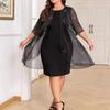 Glitter Shawl Design Plus Size Women Dress Round Neck Half Sleeve Slimming Loose Hem Casual Office Party Wear